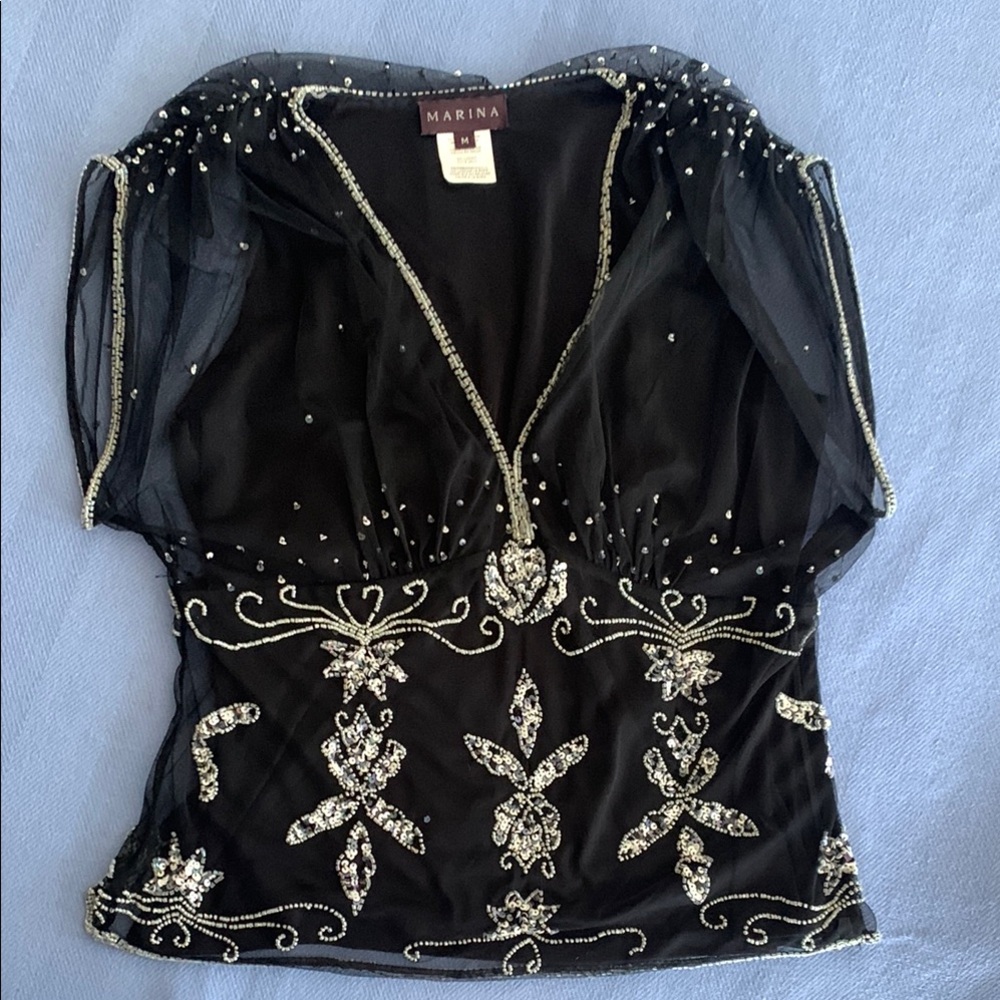 MARINA Black V-neck Embellished Cap Sleeve Vintage